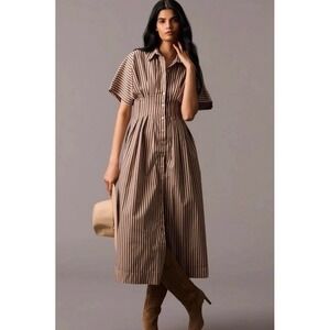 Exquise Tobie Brown Stripe Button Down Pleated Waist Midi Shirt Dress 1X